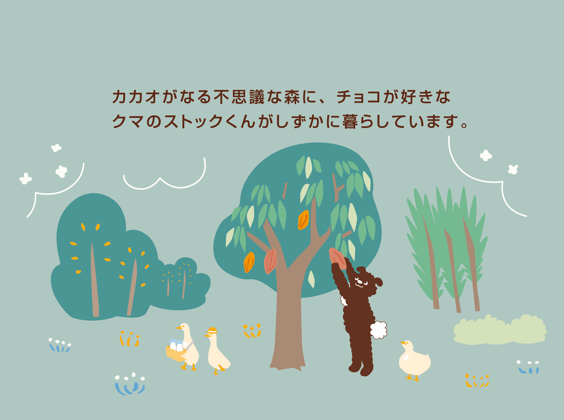 カカオがなる不思議な森に、チョコが好きなクマのストックくんがしずかに暮らしています。